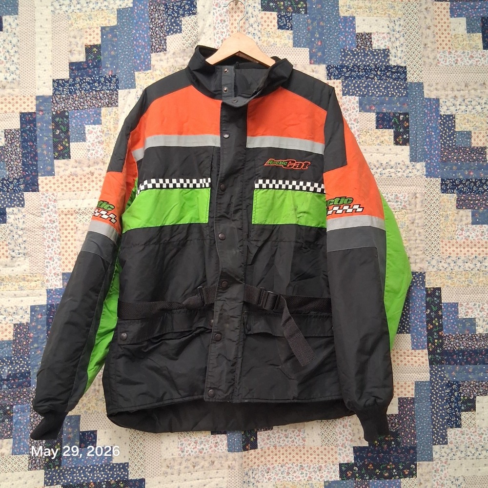 Vintage Arctic Cat Snowmobile Jacket Men's XL Black Orange Green Checkered